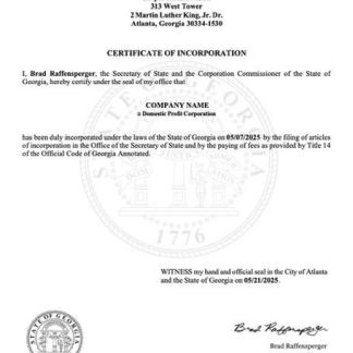 USA Georgia certificate of incorporation Word and PDF template download template file