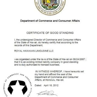 USA Hawaii certificate of good standing download template file