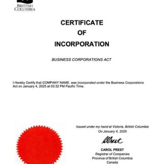 British Columbia certificate of incorporation Word and PDF template, version 2 download template file