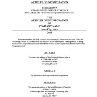 USA Iowa articles of incorporation Word and PDF template download template file