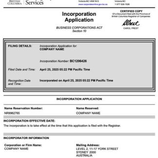 British Columbia incorporation application Word and PDF template download template file