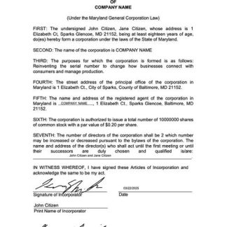USA Maryland articles of incorporation Word and PDF template download template file