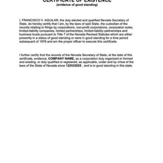 USA Nevada certificate of existence Word and PDF template download template file