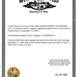 USA State of Florida certificate of business license Word and PDF template download template file
