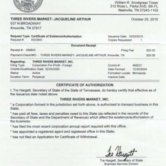 USA Tennessee certificate of good standing download template file