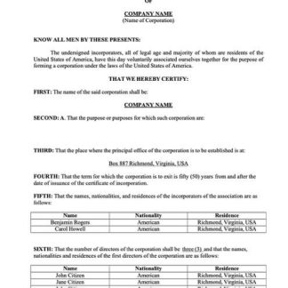 USA Virginia articles of incorporation Word and PDF template download template file