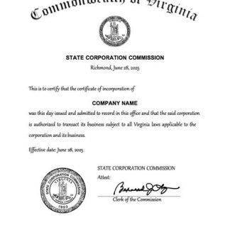 USA Virginia certificate of incorporation Word and PDF template download template file