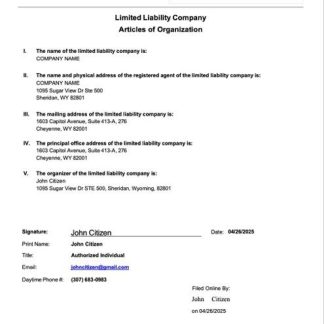 USA Wyoming articles of organization Word and PDF template download template file