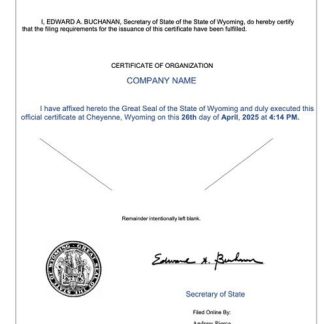 USA Wyoming certificate of organization Word and PDF template download template file