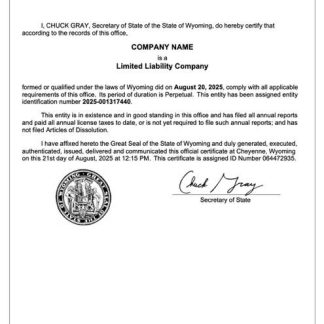 USA Wyoming certificate of registration Word and PDF template download template file