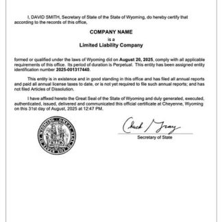 USA Wyoming certificate of registration Word and PDF template, version 2 download template file