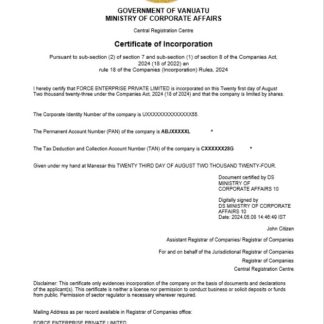 Vanuatu business registration certificate Word and PDF template download template file