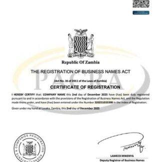 Zambia certificate of business name registration Word and PDF template download template file