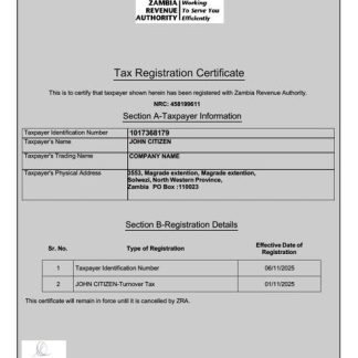 Zambia tax registration certificate Word and PDF template download template file