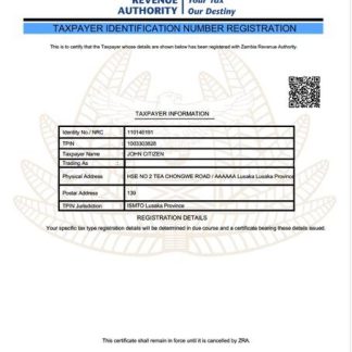 Zambia taxpayer identification number registration Word and PDF template download template file