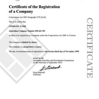 Australia certificate of company registration Word and PDF template download template file