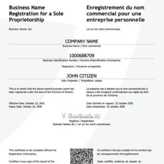 Canada Ontario certificate of business name registration Word and PDF template download template file