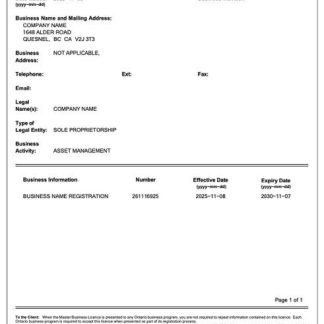 Canada Ontario master business licence Word and PDF template download template file