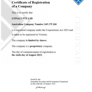 Australia GTPALT certificate of company registration word and PDF template download template file