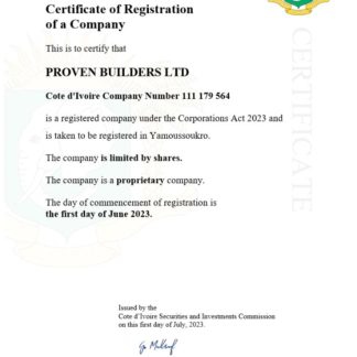 Cote d'Ivoire certificate of registration Word and PDF template download template file