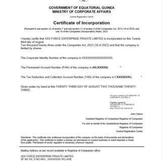 Equatorial Guinea certificate of registration Word and PDF template download template file