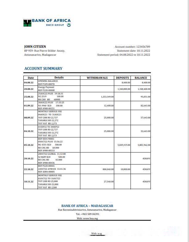 Madagascar Bank of Africa bank statement Excel and PDF template download template file
