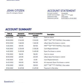 Malawi National Bank of Malawi bank statement template in Word and PDF format download template file
