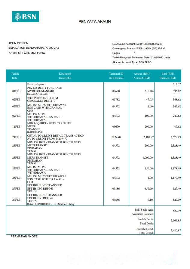 Malaysia BSN bank statement download template file