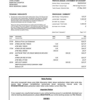 Malaysia Public Islamic fake bank statement Word and PDF template, 2 pages download template file
