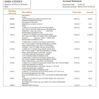 Mali Banque Atlantiaque bank statement template in Word and PDF format, .doc and .pdf format download template file