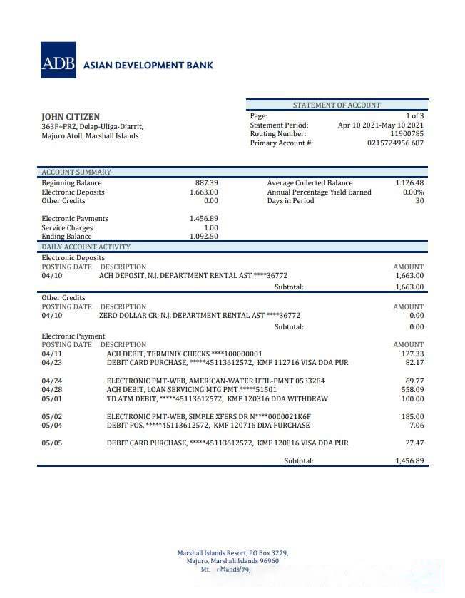 Marshal Islands ADB bank statement download template file