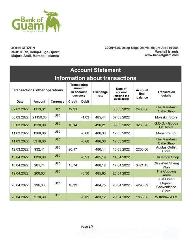 Marshall Islands Bank of Guam bank statement download template file