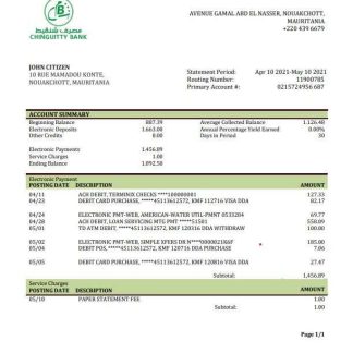 Mauritania Chinguitty bank statement template in Word and PDF format download template file