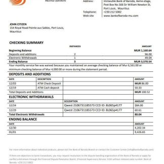 Mauritius Bank of Boroda bank statement download template file