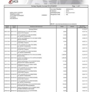 Mauritius Commercial Bank (MCB) account statement Word and PDF template download template file
