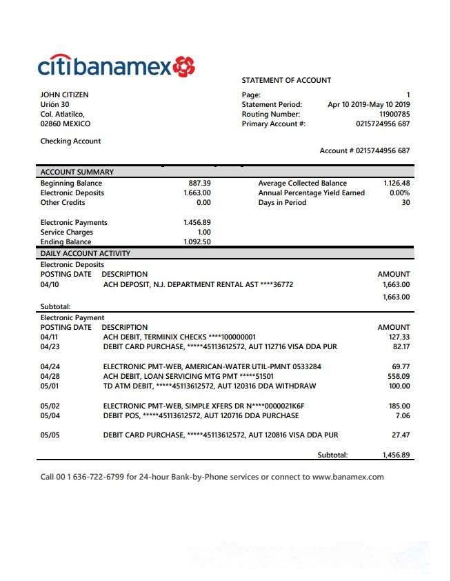 Mexico Citibanamex bank statement download template file