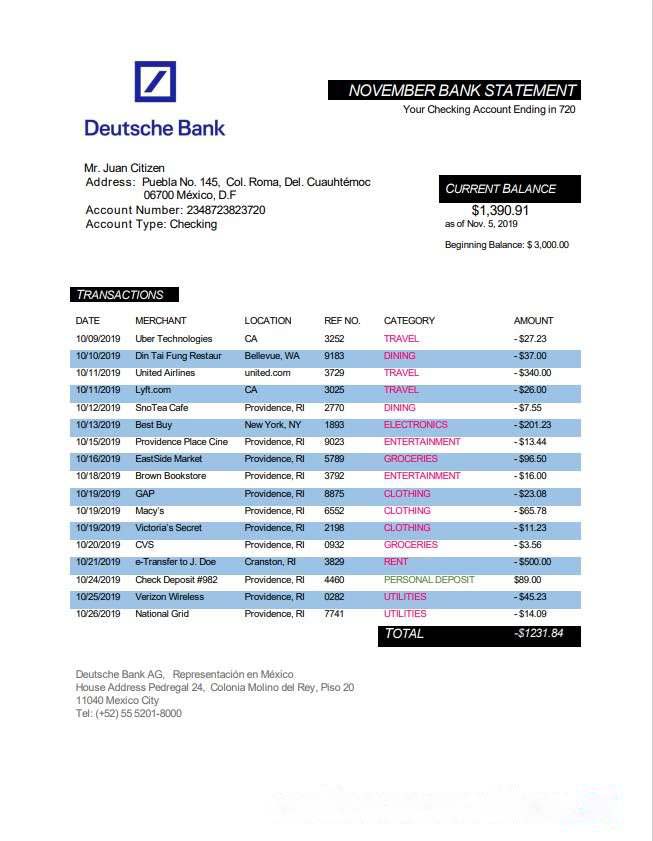 Mexico Deutsche bank statement download template file