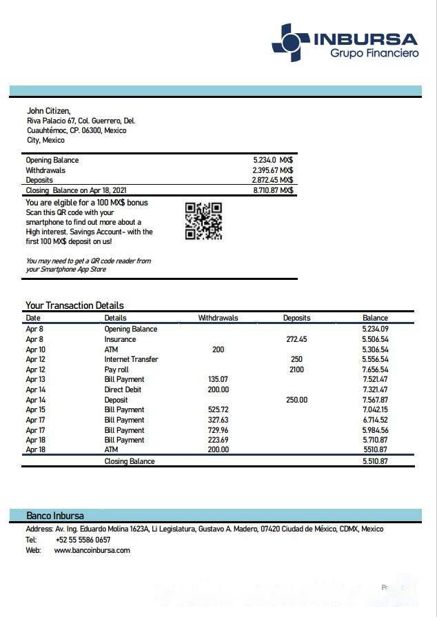 Mexico Inbursa Bank download template file