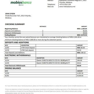 Moldova Mobiasbanca bank statement template in Word and PDF format download template file
