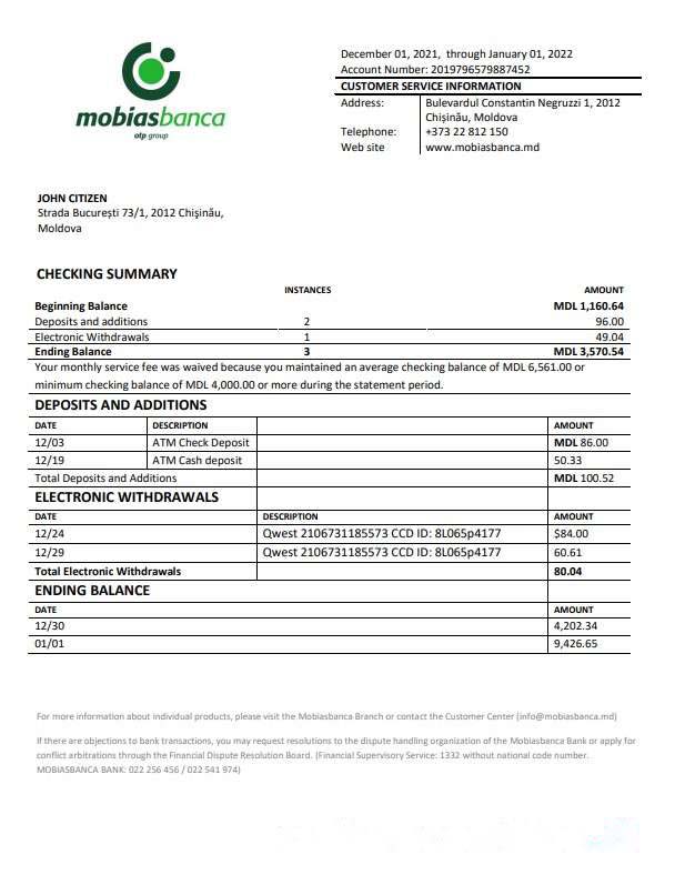 Moldova Mobiasbanca bank statement template in Word and PDF format download template file