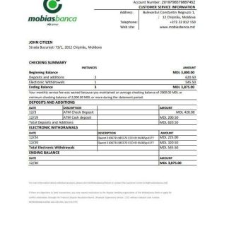 Moldova Mobiasbanca statement Word and PDF example download template file