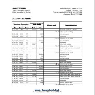 Monaco Barclays Private bank statement Excel and PDF template download template file