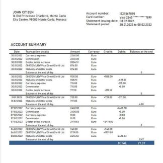 Monaco Julius Bar bank statement download template file