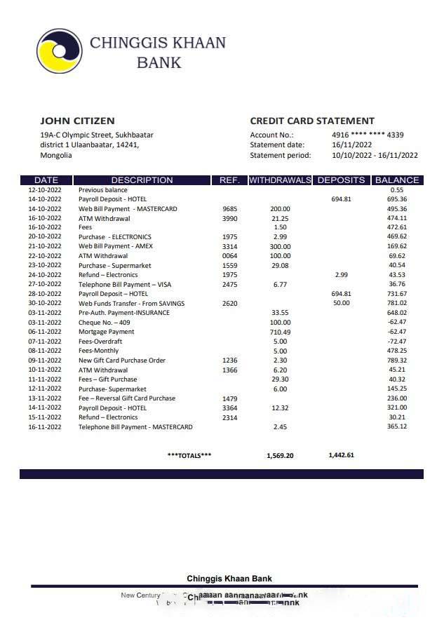 Mongolia Chinggis Khaan Bank download template file