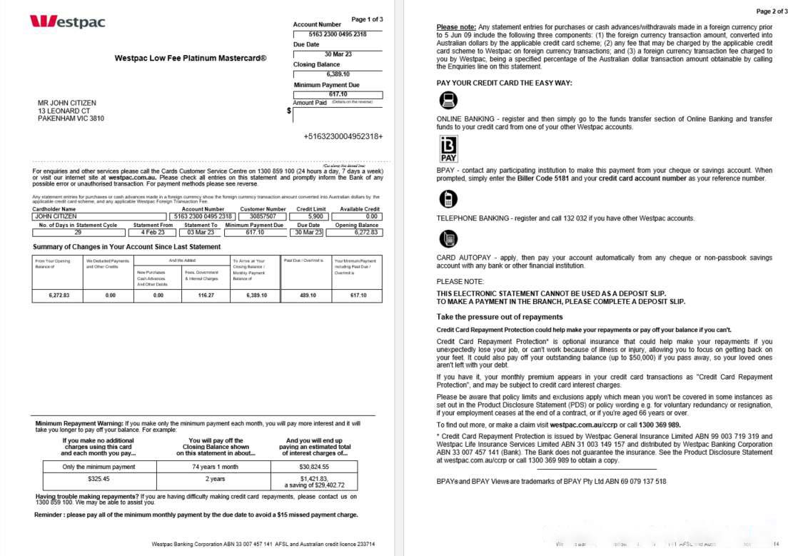 Australia Westpac bank statement Word and PDF template, 3 pages 1, 2 download template file