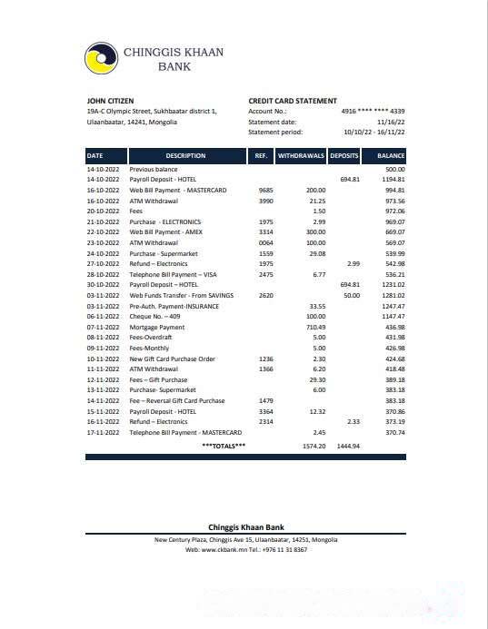 Mongolia Chinggis Khaan bank Excel and PDF template download template file