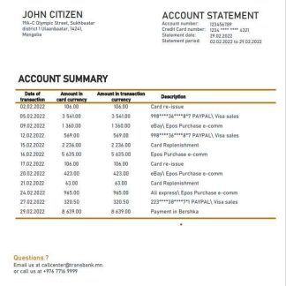 Mongolia Transbank bank statement template in Word and PDF format download template file