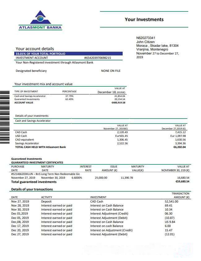 Montenegro Atlasmont Bank statement download template file