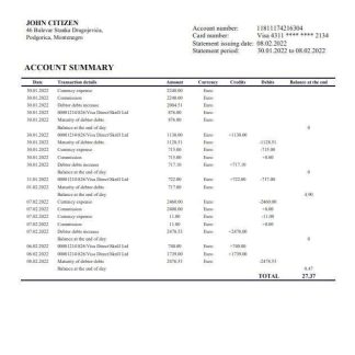 Montenegro NLB Bank statement download template file