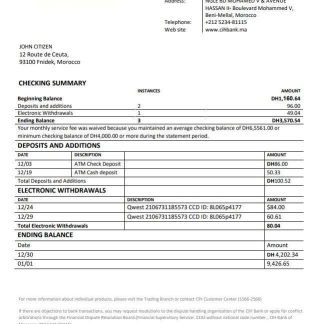 Morocco CIH bank proof of address statement template in Word and PDF format download template file
